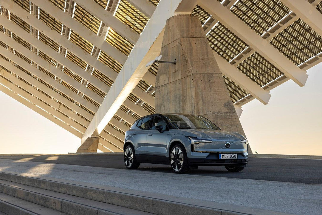 Modern electric SUV parked under solar panel structure, sleek design and ambient lighting